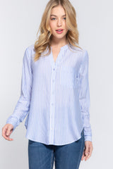 Long Slv Split Round Neck Stripe Woven Shirt | Mixtshop LLC