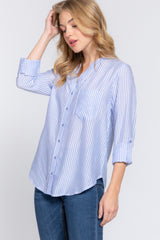 Long Slv Split Round Neck Stripe Woven Shirt | Mixtshop LLC