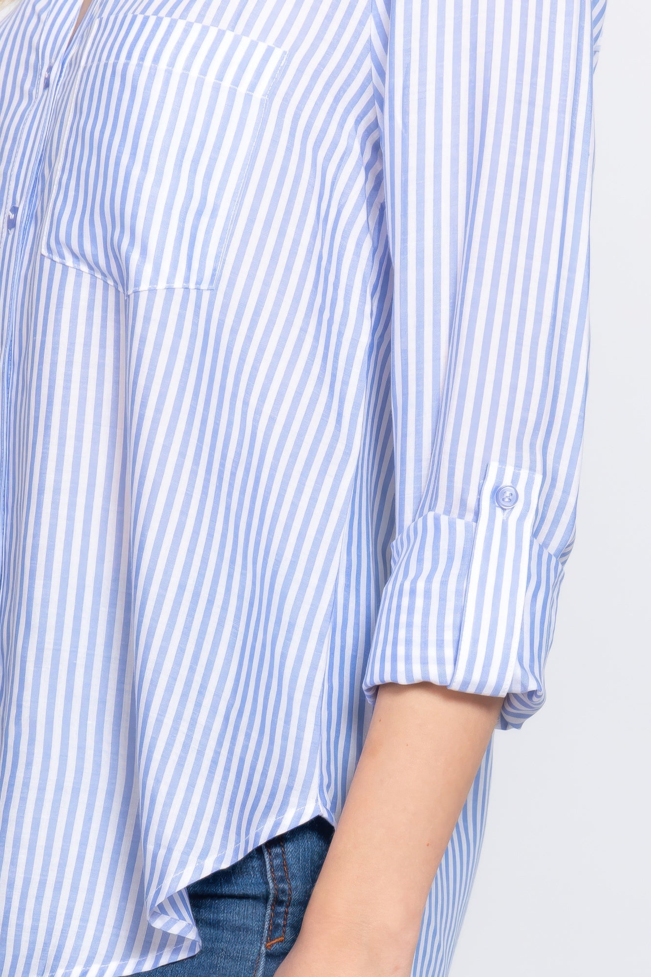 Long Slv Split Round Neck Stripe Woven Shirt | Mixtshop LLC