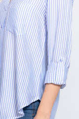 Long Slv Split Round Neck Stripe Woven Shirt | Mixtshop LLC