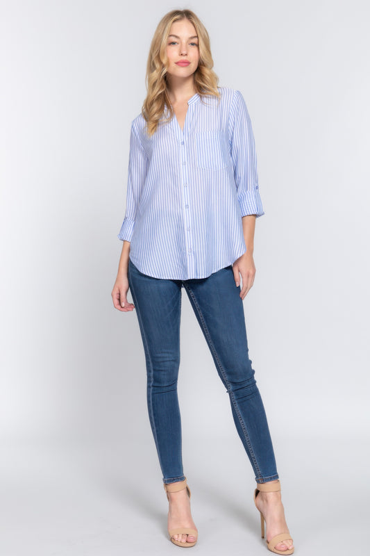 Long Slv Split Round Neck Stripe Woven Shirt | Mixtshop LLC