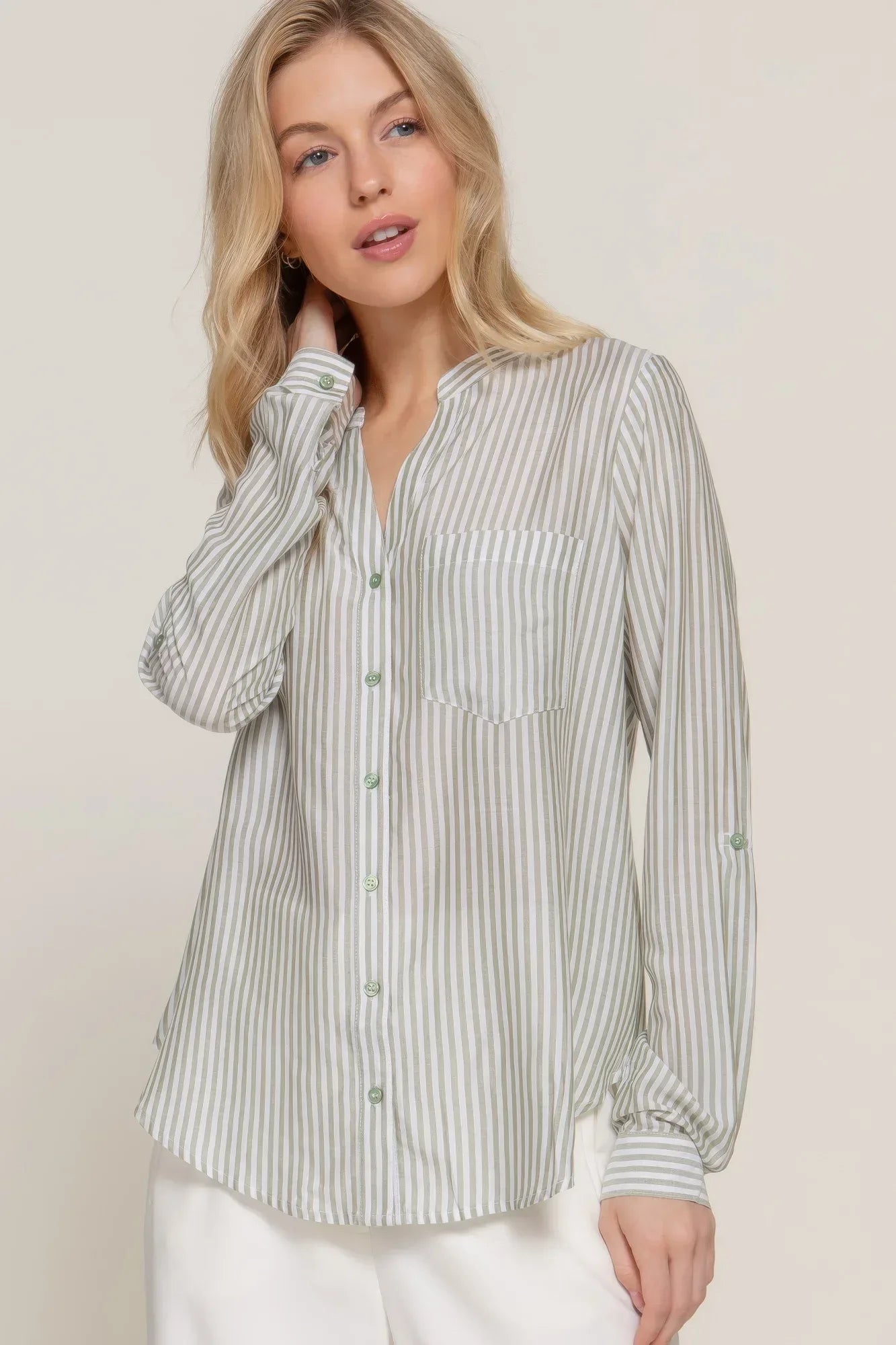 Long Slv Split Round Neck Stripe Woven Shirt | Mixtshop LLC Main image