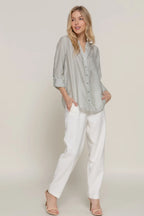 Long Slv Split Round Neck Stripe Woven Shirt | Mixtshop LLC