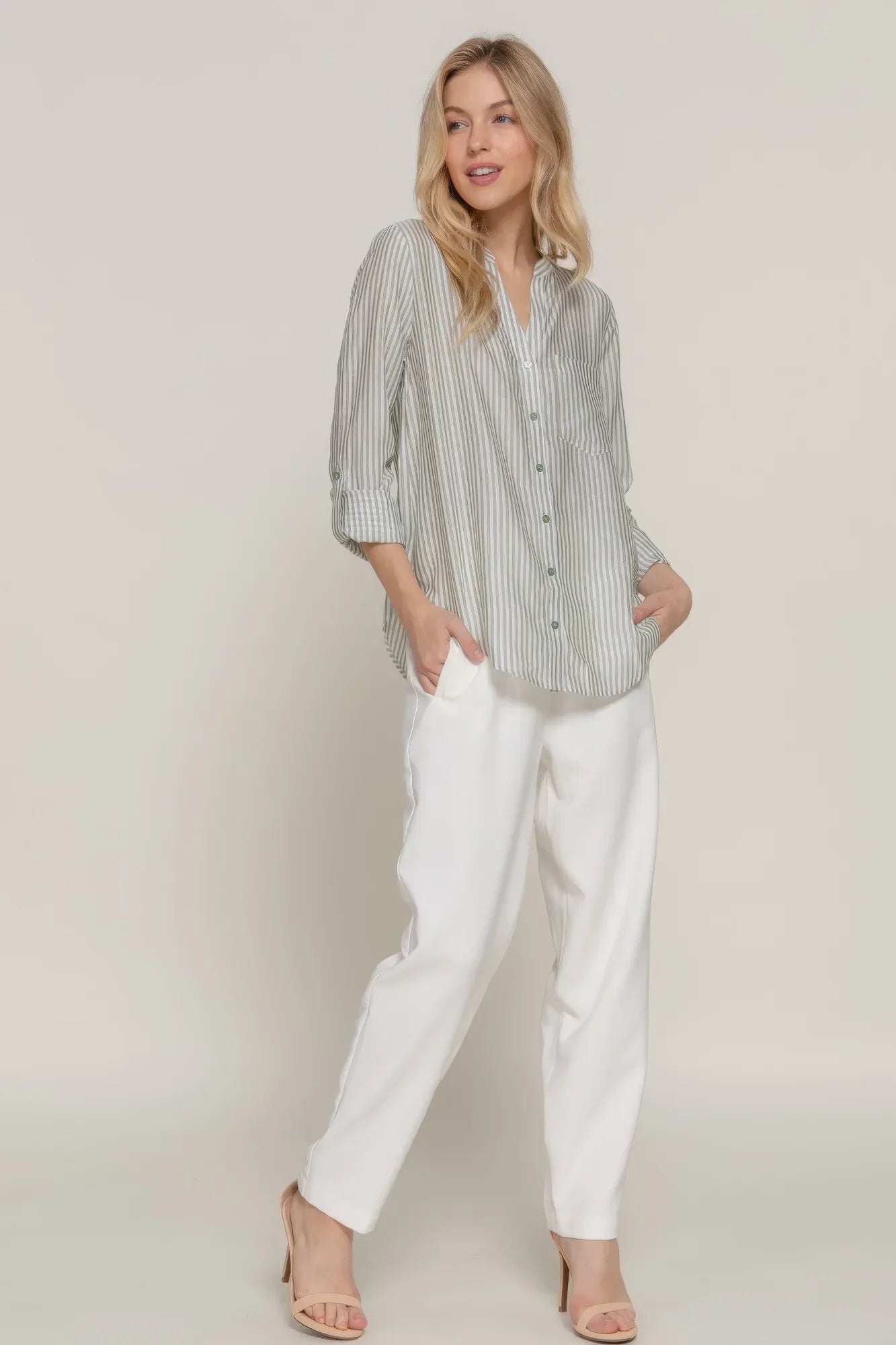 Long Slv Split Round Neck Stripe Woven Shirt | Mixtshop LLC