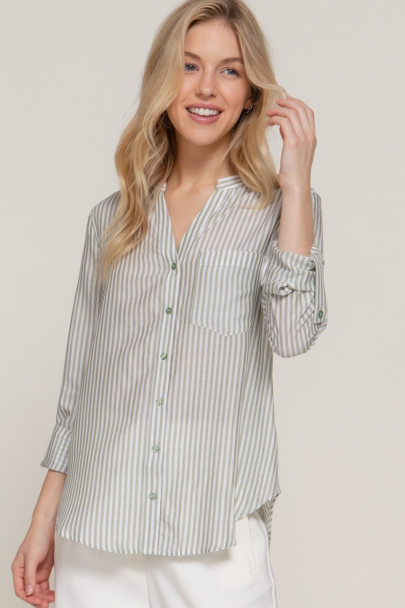 Long Slv Split Round Neck Stripe Woven Shirt | Mixtshop LLC