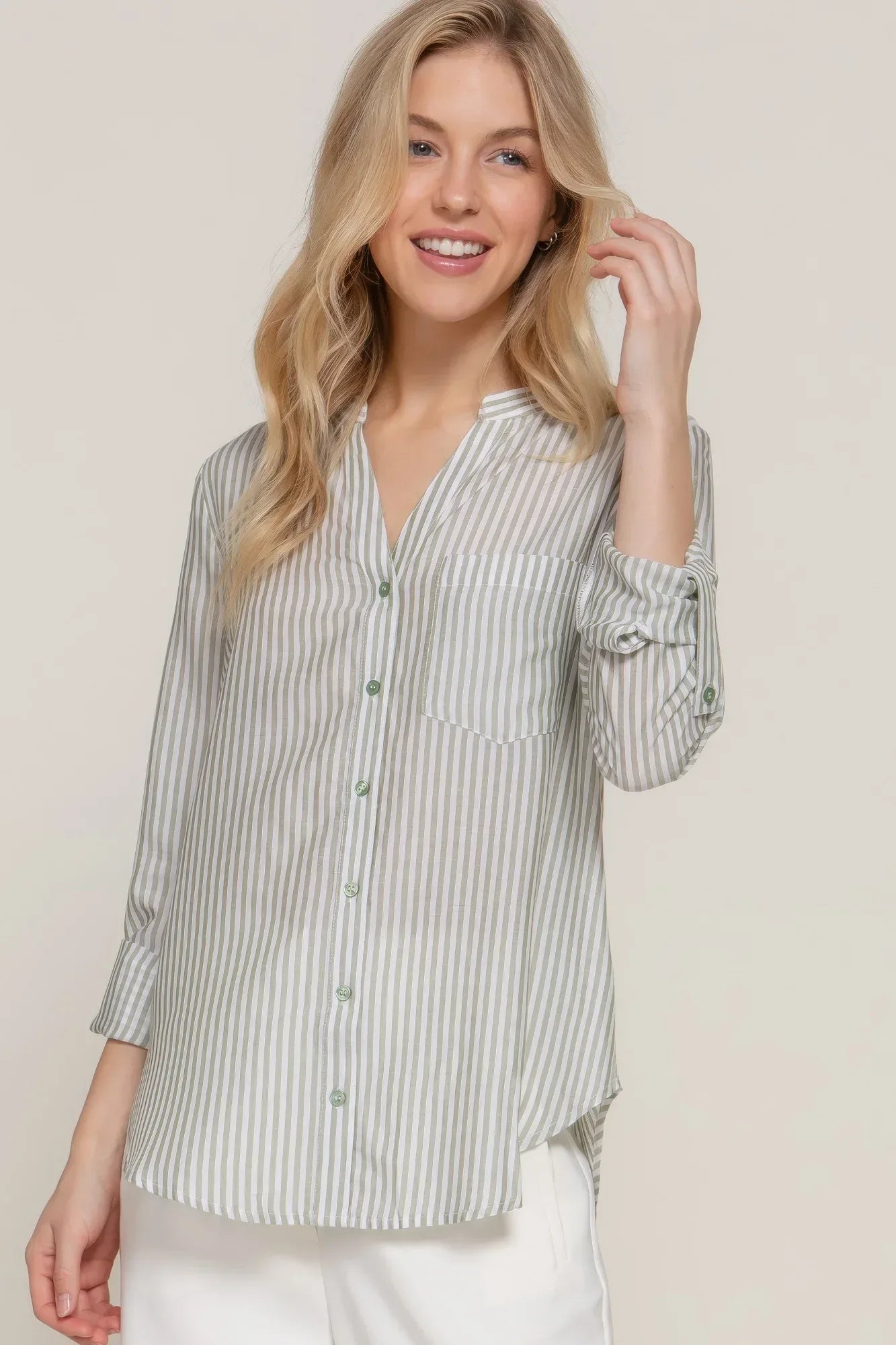 Long Slv Split Round Neck Stripe Woven Shirt | Mixtshop LLC