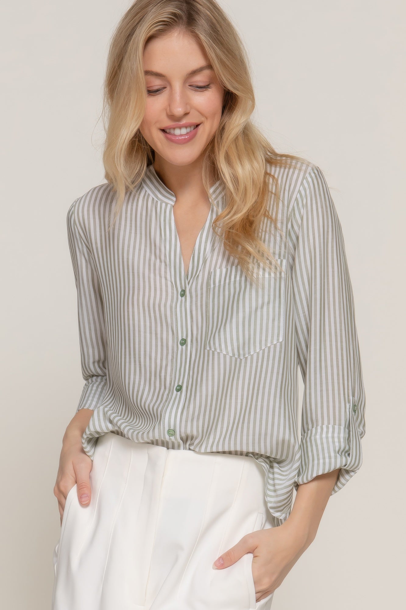 Long Slv Split Round Neck Stripe Woven Shirt | Mixtshop LLC