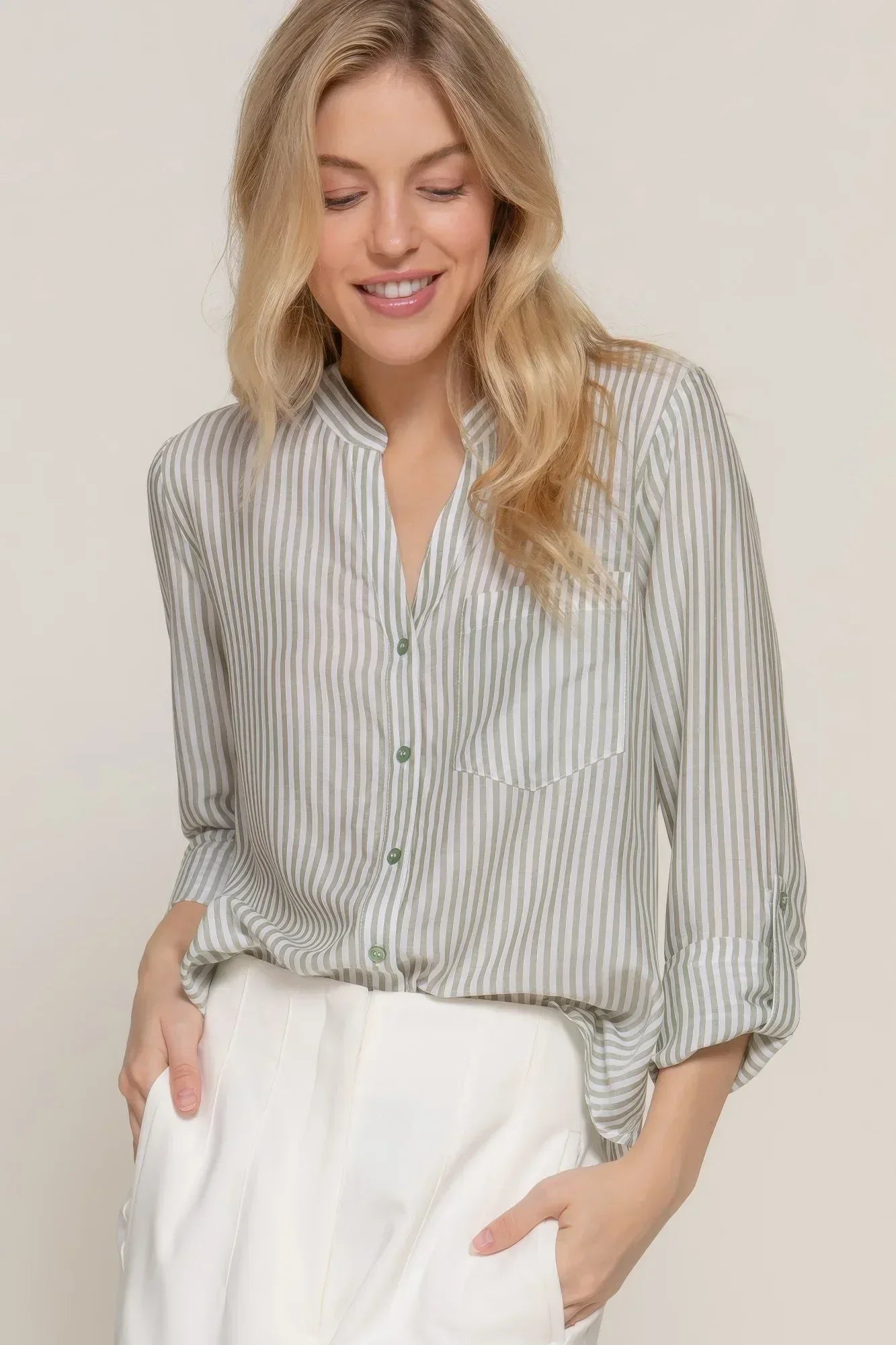 Long Slv Split Round Neck Stripe Woven Shirt | Mixtshop LLC