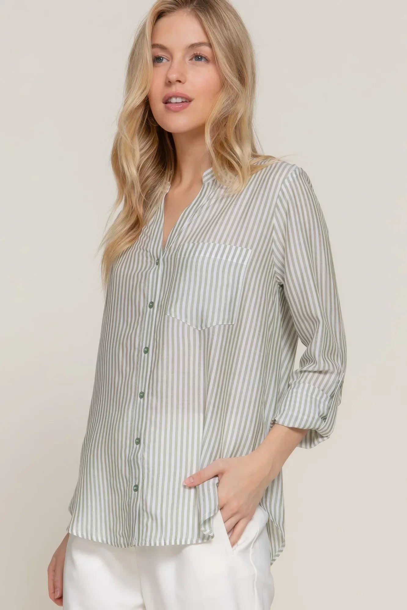 Long Slv Split Round Neck Stripe Woven Shirt | Mixtshop LLC