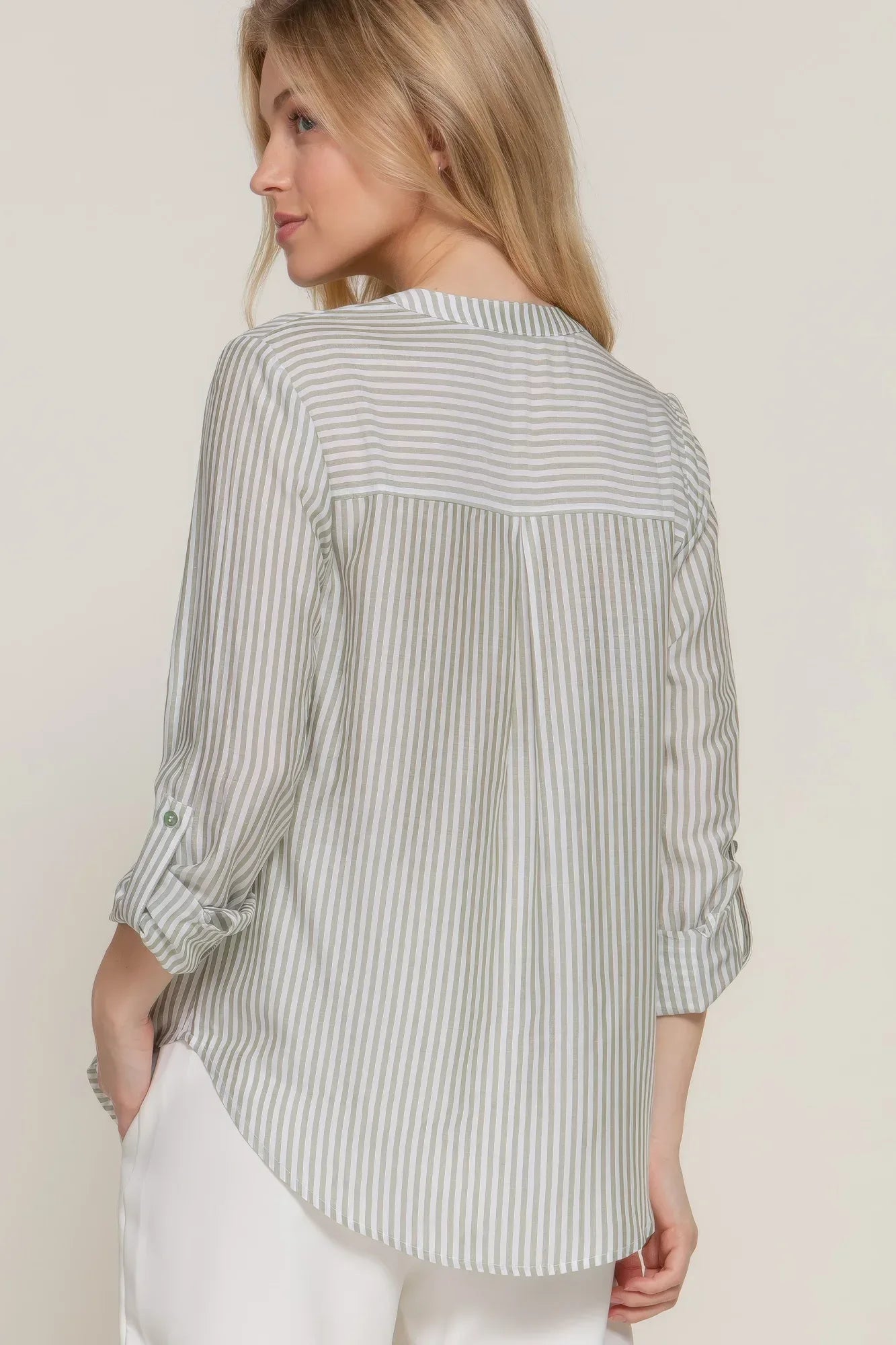 Long Slv Split Round Neck Stripe Woven Shirt | Mixtshop LLC