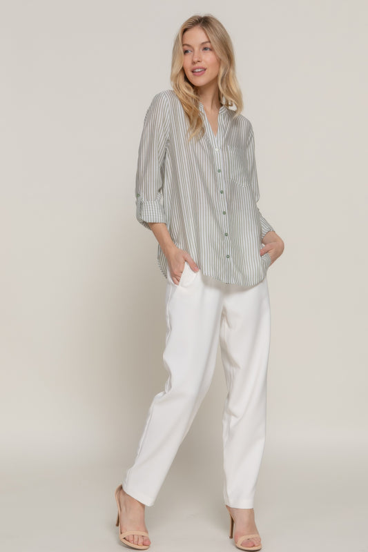 Long Slv Split Round Neck Stripe Woven Shirt | Mixtshop LLC