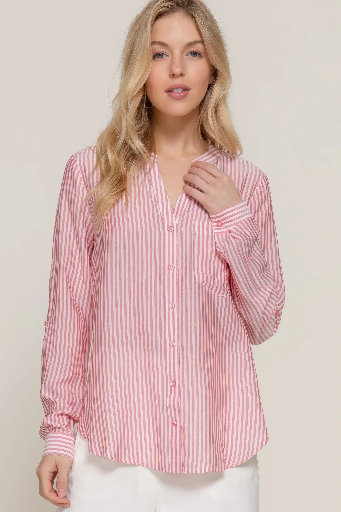 Long Slv Split Round Neck Stripe Woven Shirt | Mixtshop LLC Main image
