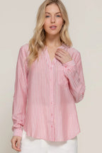 Long Slv Split Round Neck Stripe Woven Shirt | Mixtshop LLC