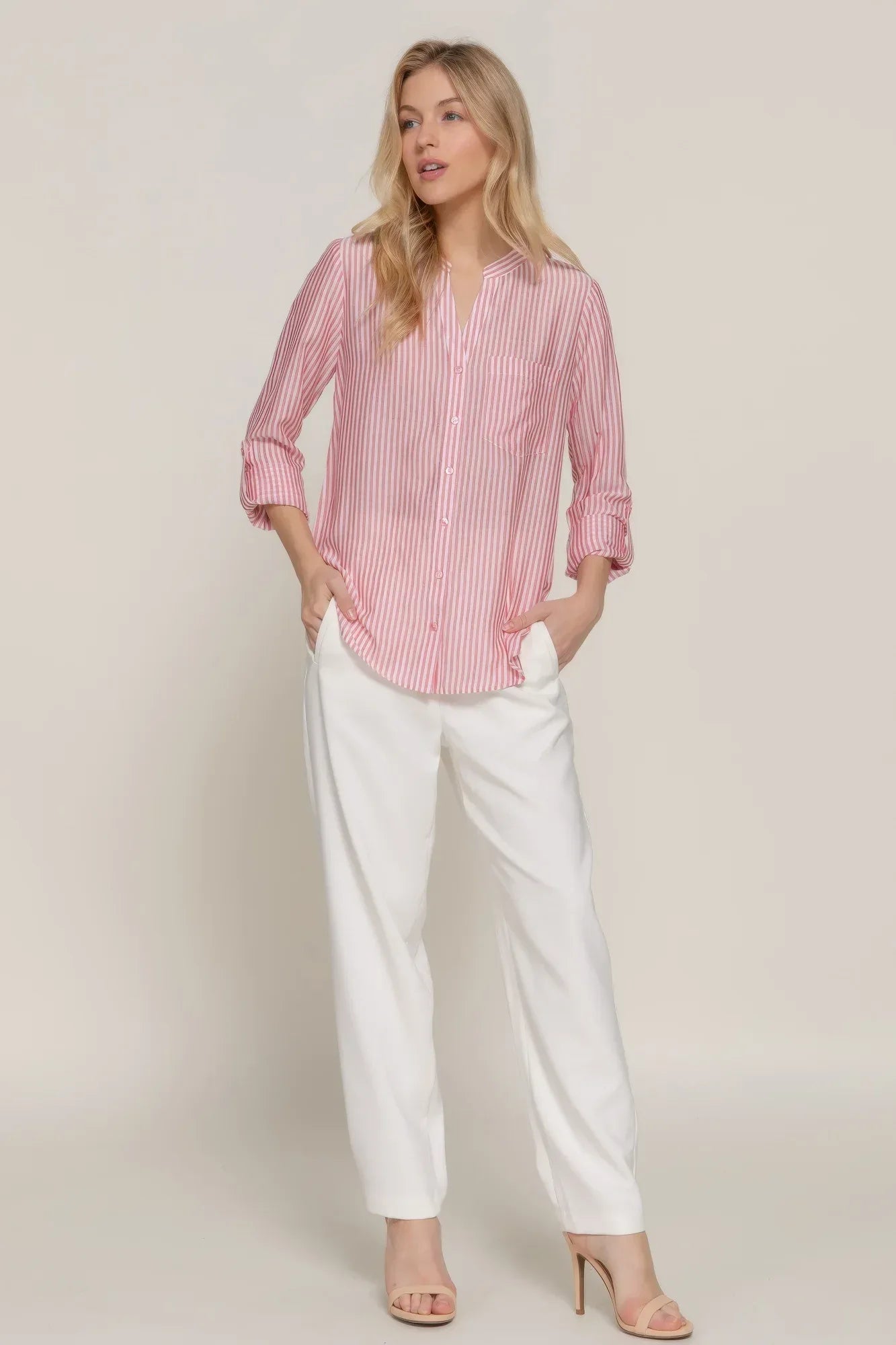 Long Slv Split Round Neck Stripe Woven Shirt | Mixtshop LLC