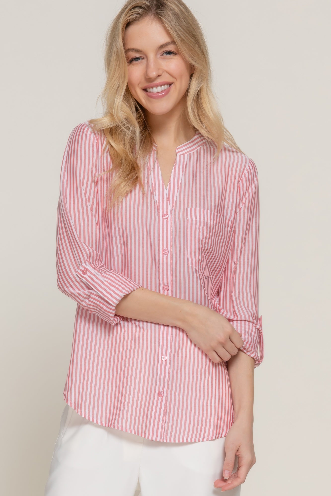 Long Slv Split Round Neck Stripe Woven Shirt | Mixtshop LLC