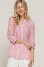 Long Slv Split Round Neck Stripe Woven Shirt | Mixtshop LLC