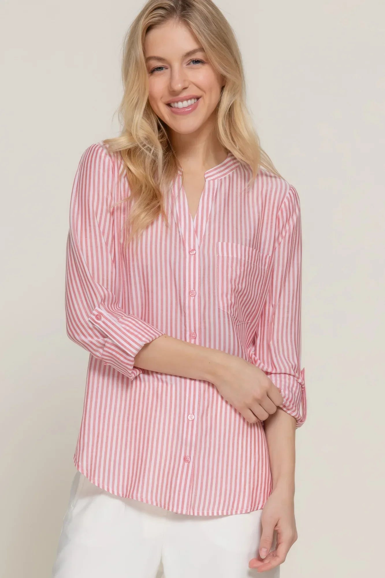 Long Slv Split Round Neck Stripe Woven Shirt | Mixtshop LLC