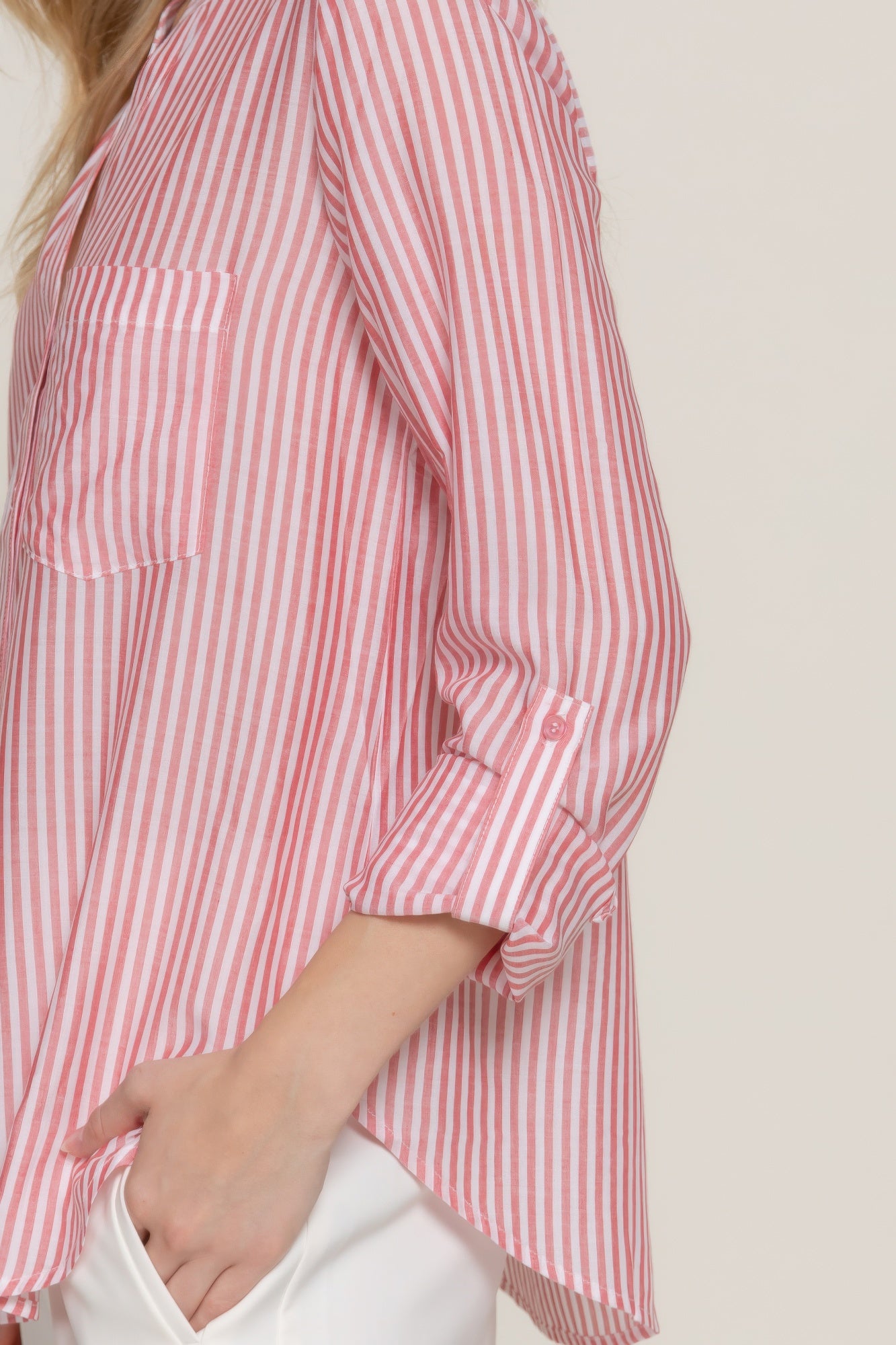 Long Slv Split Round Neck Stripe Woven Shirt | Mixtshop LLC