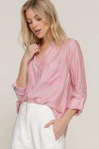 Long Slv Split Round Neck Stripe Woven Shirt | Mixtshop LLC
