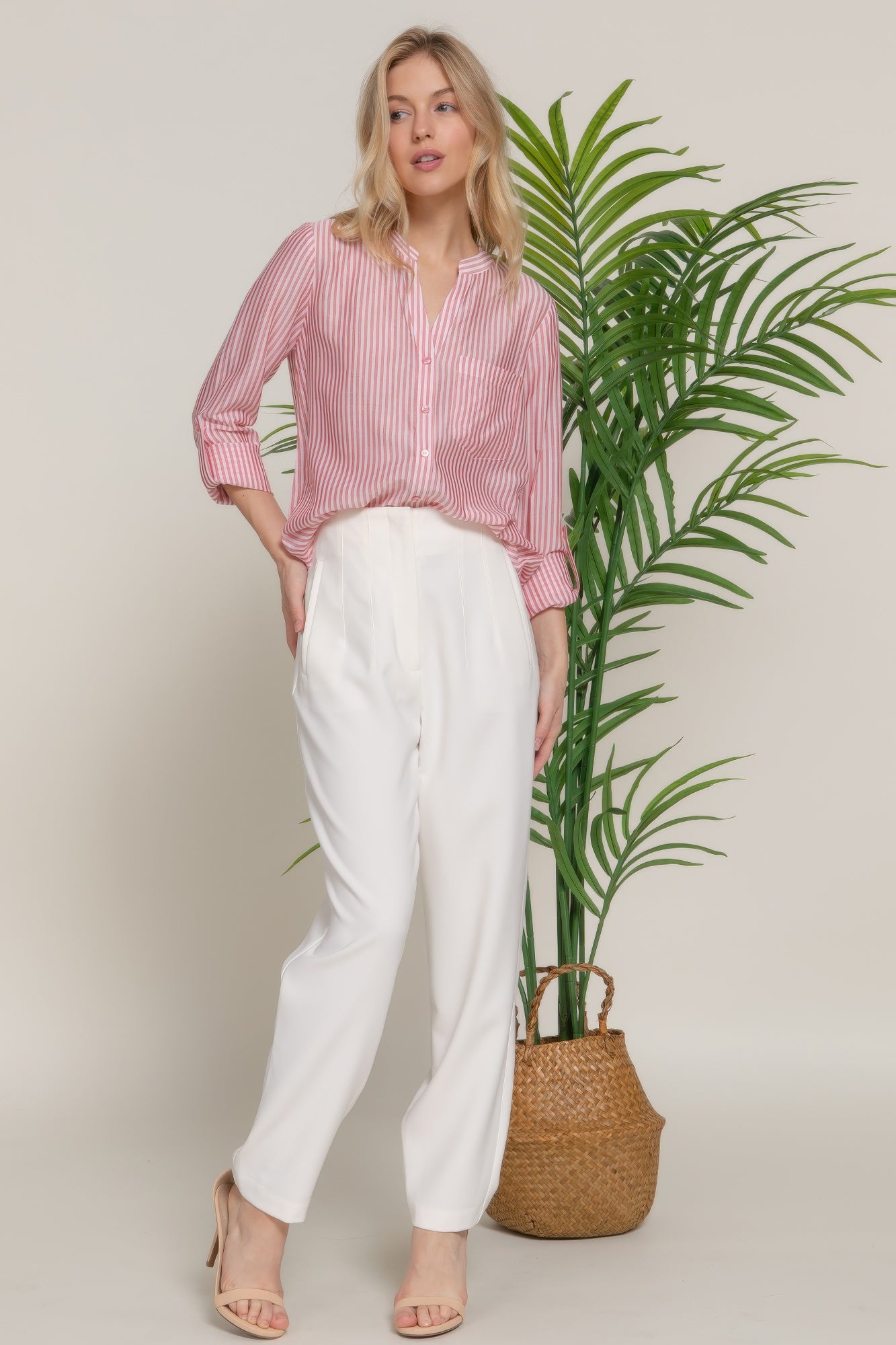 Long Slv Split Round Neck Stripe Woven Shirt | Mixtshop LLC