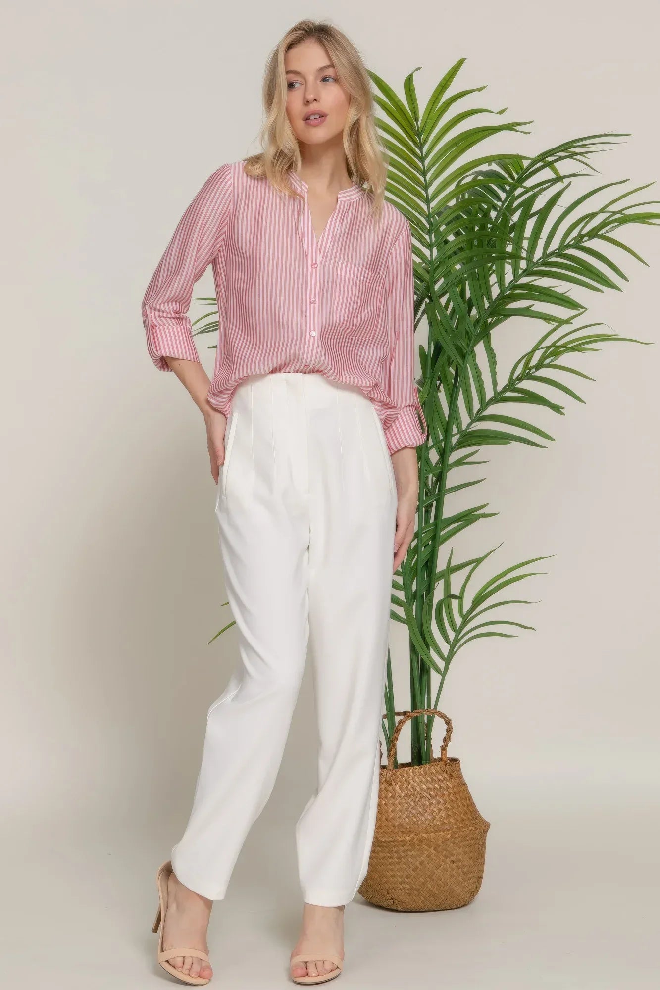 Long Slv Split Round Neck Stripe Woven Shirt | Mixtshop LLC