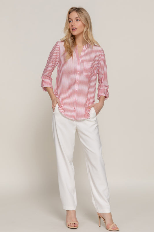 Long Slv Split Round Neck Stripe Woven Shirt | Mixtshop LLC
