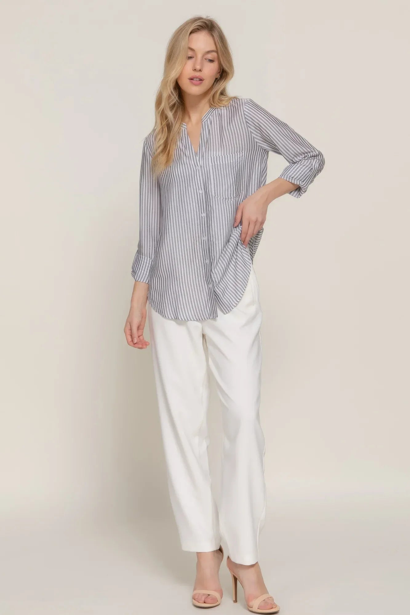 Long Slv Split Round Neck Stripe Woven Shirt Secondary image