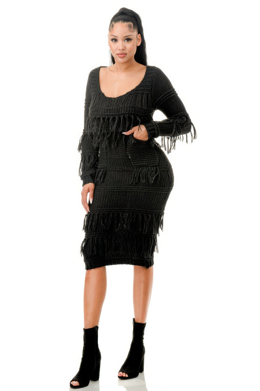 Knit Long Sleeve Fringe Dress | Mixtshop LLC