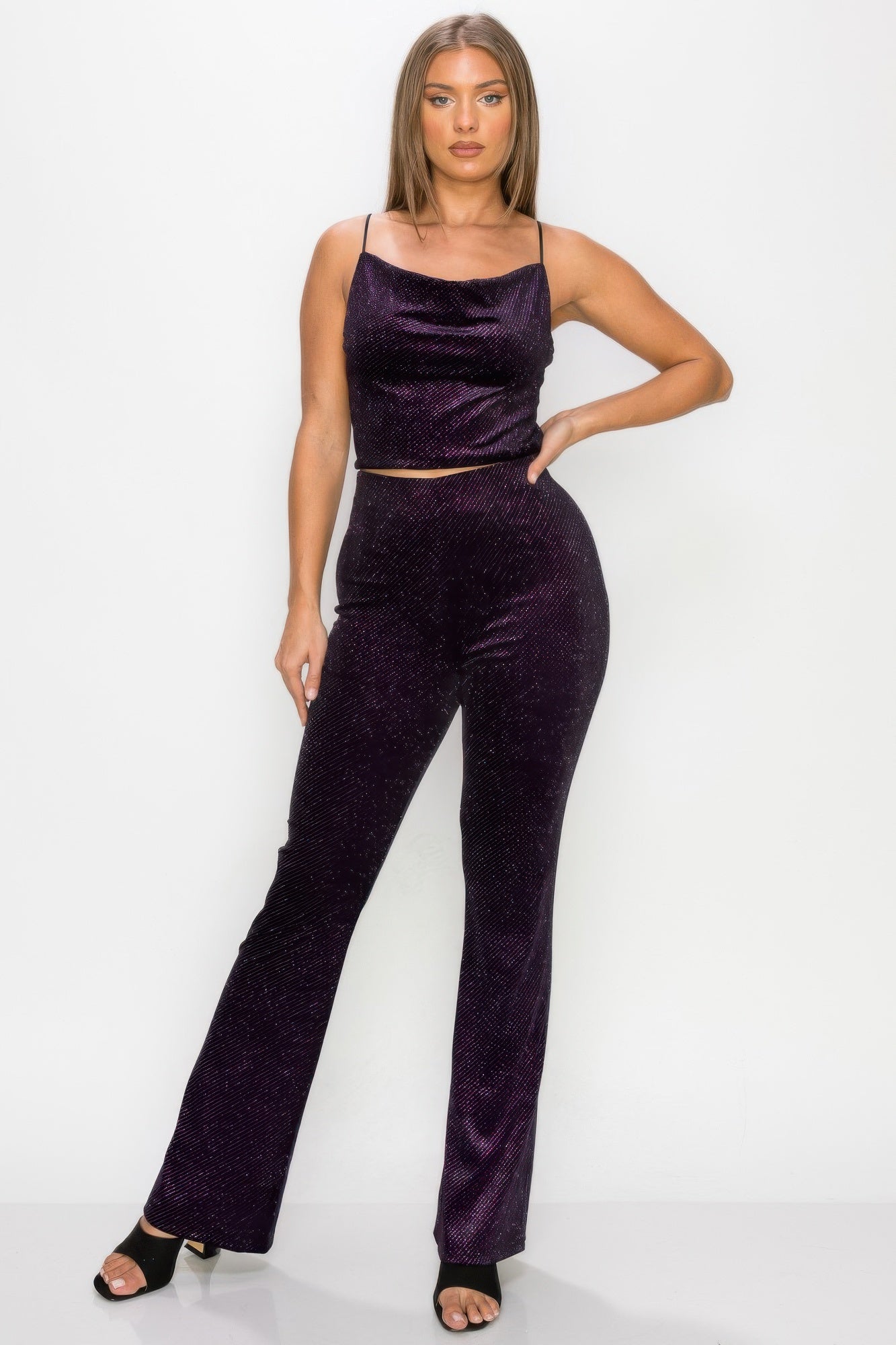 Glittery Flare High-rise Elastic Pants | Mixtshop LLC
