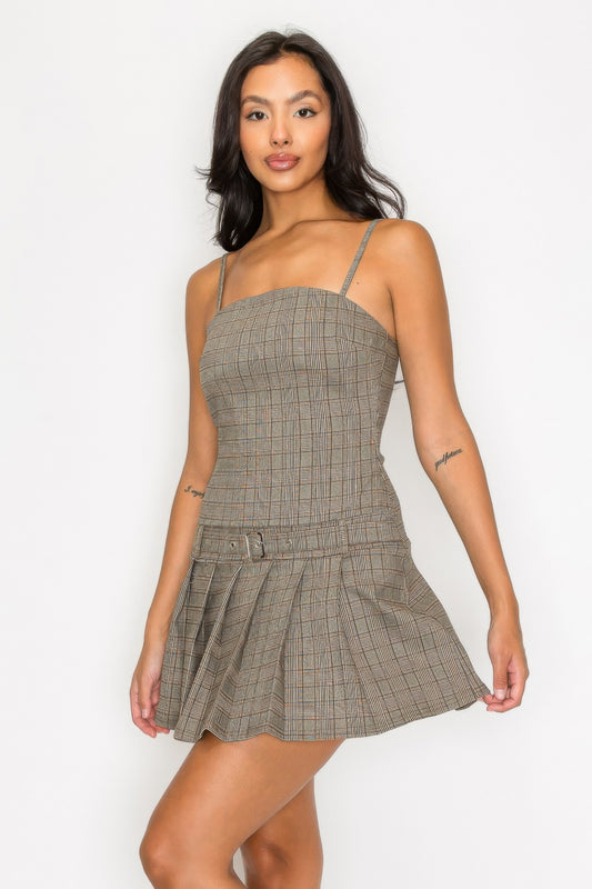 Belted Plaid Zip-up Pleated Dress | Mixtshop LLC