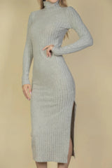 Sweater-knit Fuzzy Turtle Neck Split Thigh Dress | Mixtshop LLC