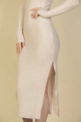 Sweater-knit Fuzzy Turtle Neck Split Thigh Dress | Mixtshop LLC