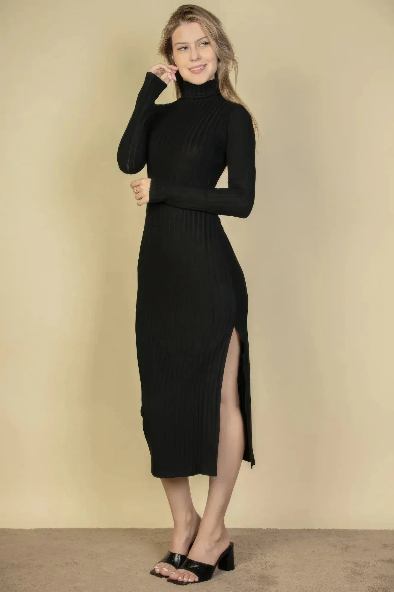 Sweater-knit Fuzzy Turtle Neck Split Thigh Dress | Mixtshop LLC