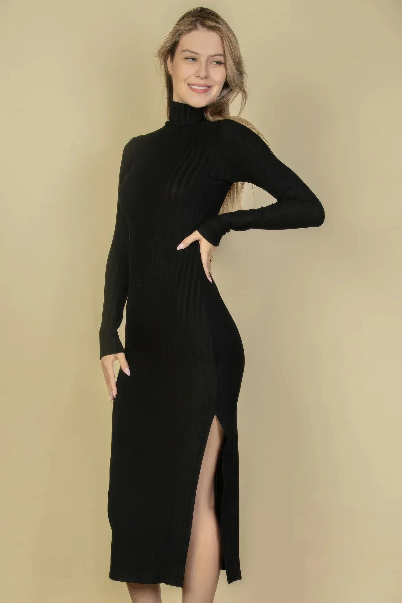 Sweater-knit Fuzzy Turtle Neck Split Thigh Dress | Mixtshop LLC