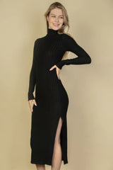 Sweater-knit Fuzzy Turtle Neck Split Thigh Dress | Mixtshop LLC