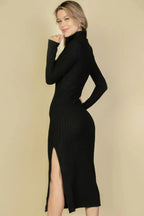 Sweater-knit Fuzzy Turtle Neck Split Thigh Dress | Mixtshop LLC