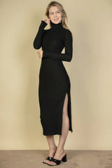 Sweater-knit Fuzzy Turtle Neck Split Thigh Dress | Mixtshop LLC