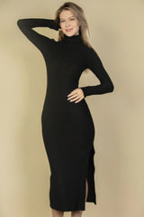 Sweater-knit Fuzzy Turtle Neck Split Thigh Dress | Mixtshop LLC