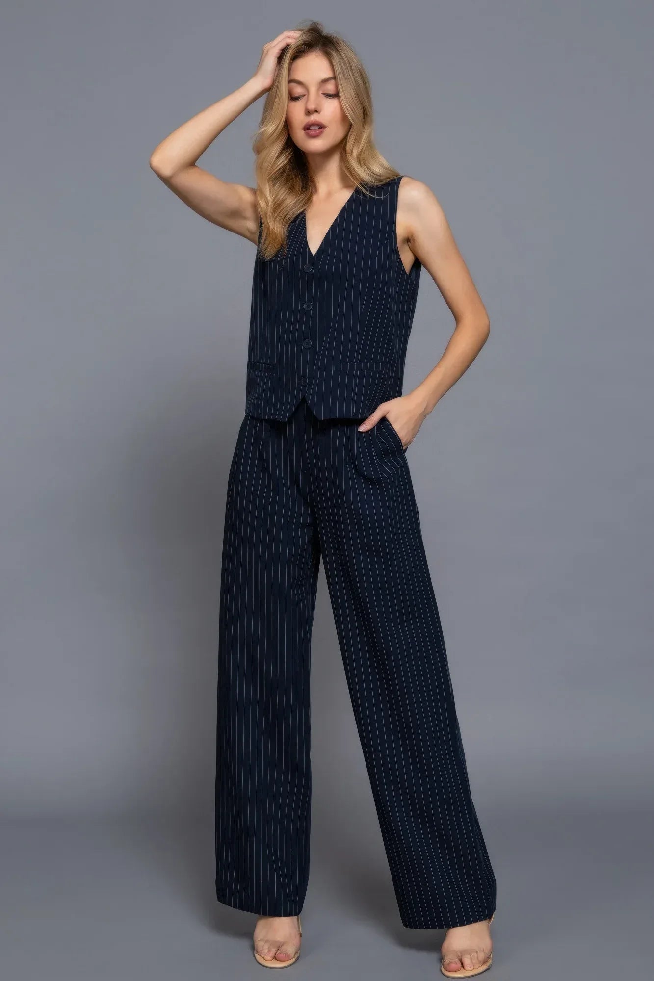 V-neckline Pin Stripe Woven Vest | Mixtshop LLC
