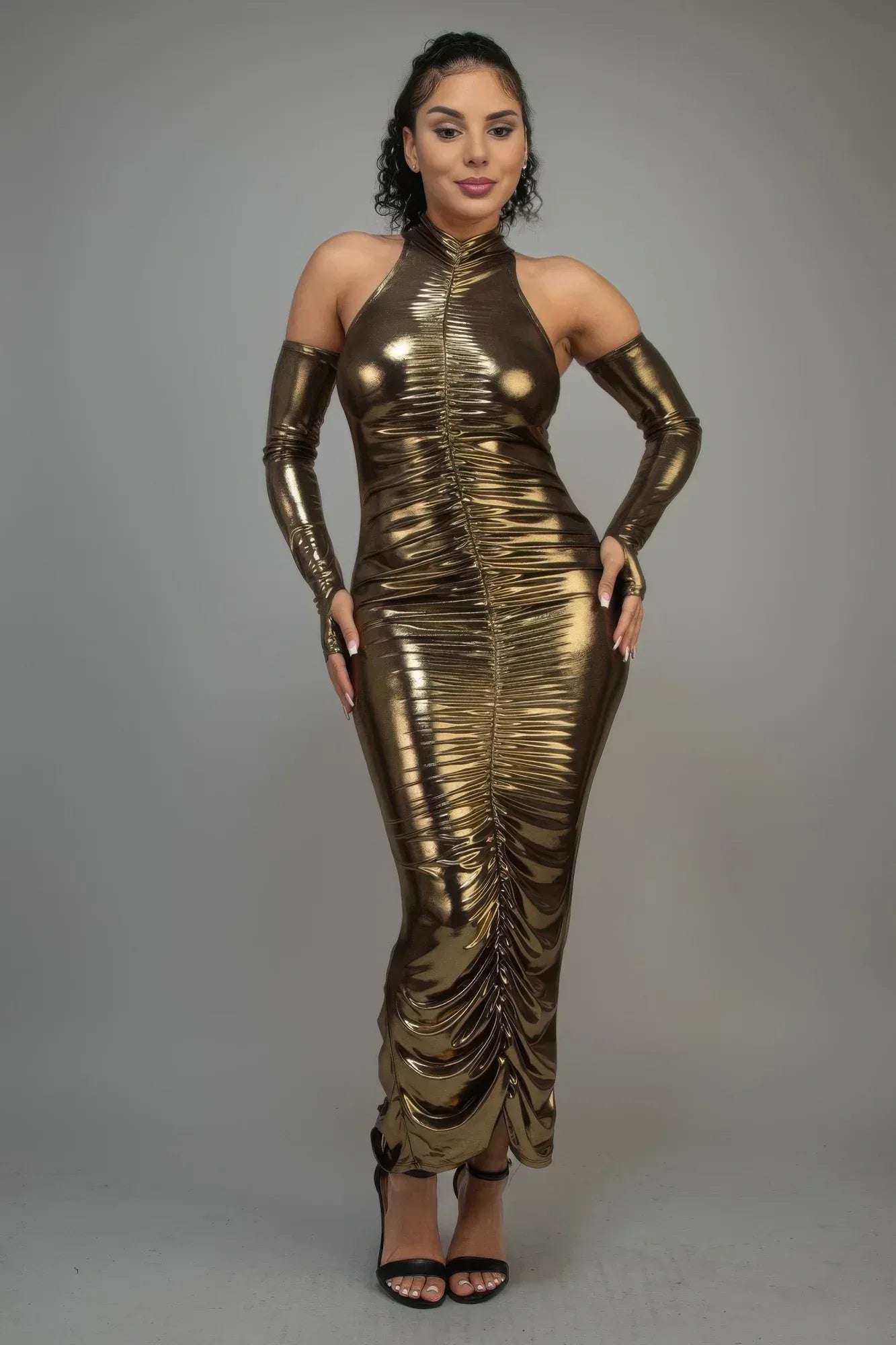 Metallic Ruched Dress With Sleeves | Mixtshop LLC