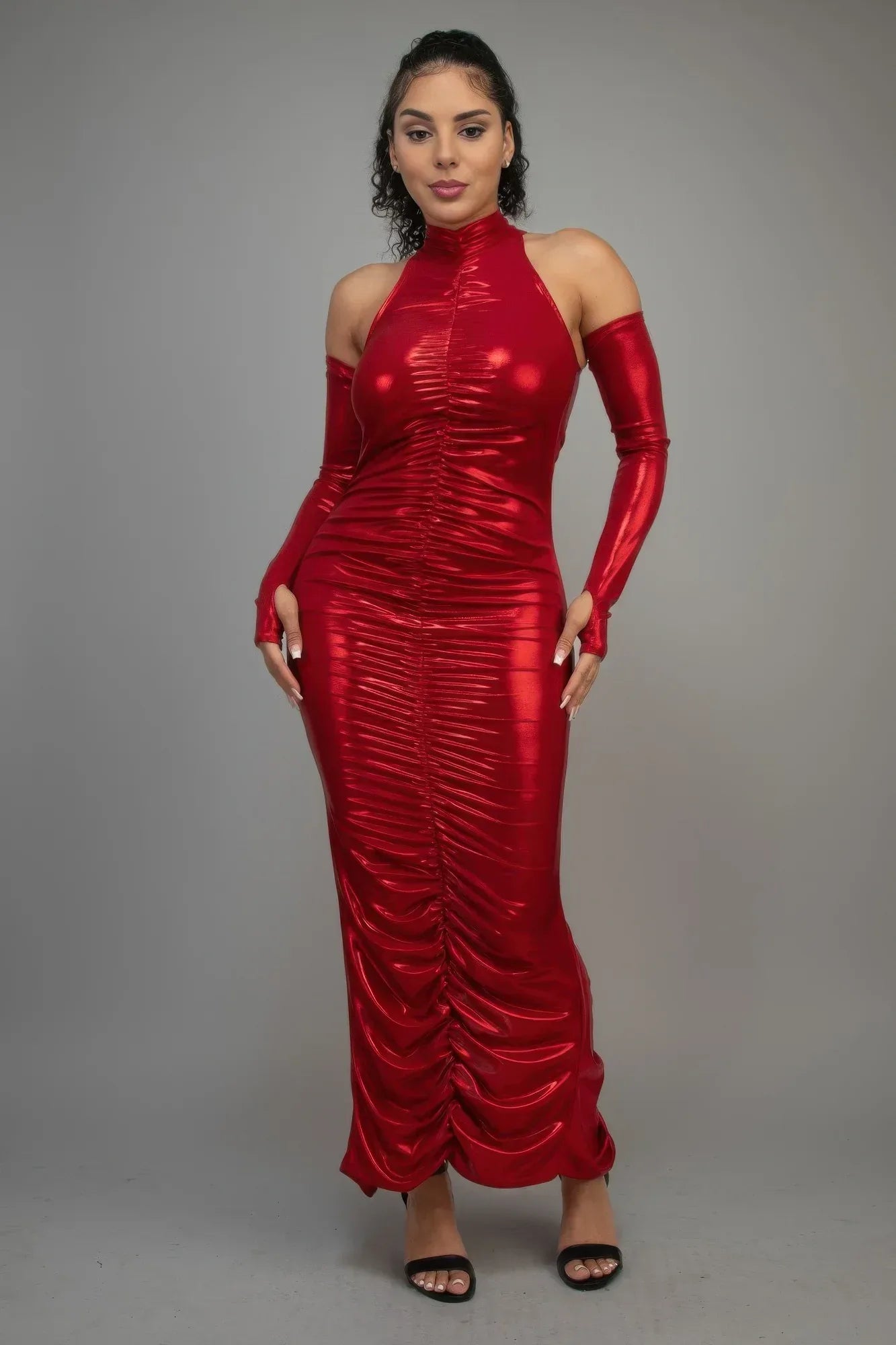 Metallic Ruched Dress With Sleeves | Mixtshop LLC Main image