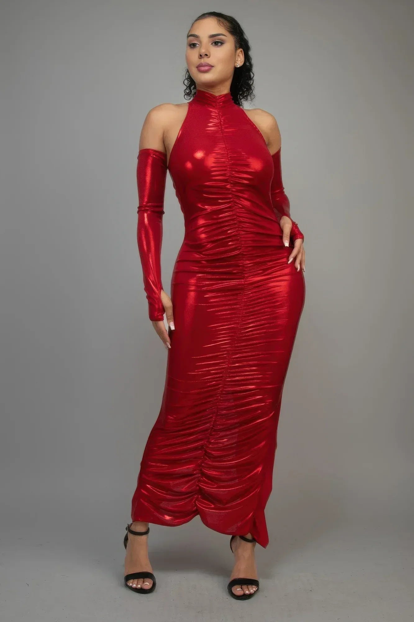 Metallic Ruched Dress With Sleeves | Mixtshop LLC