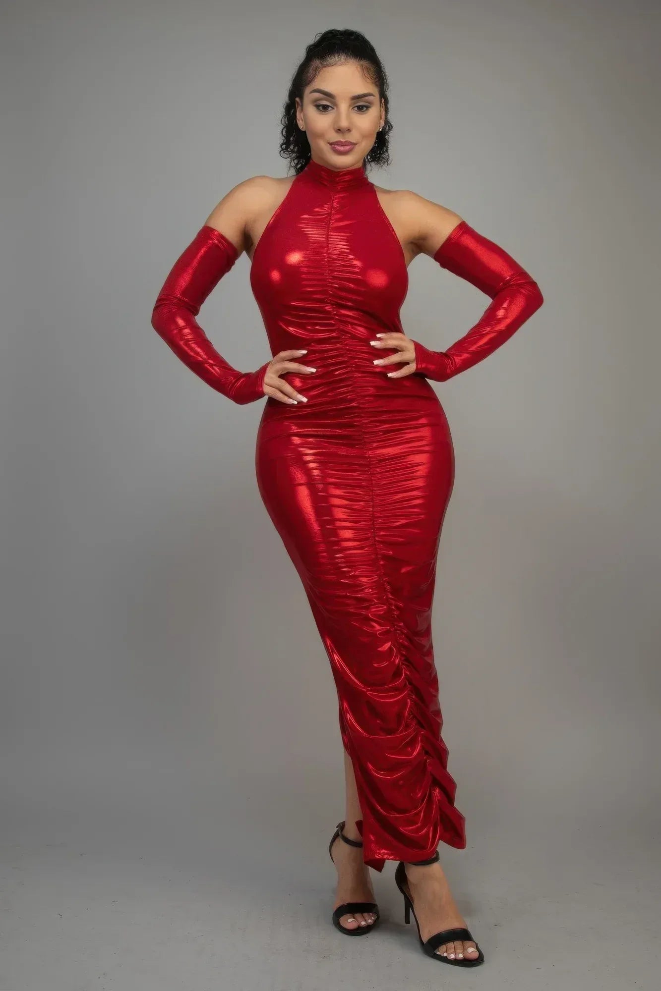 Metallic Ruched Dress With Sleeves | Mixtshop LLC