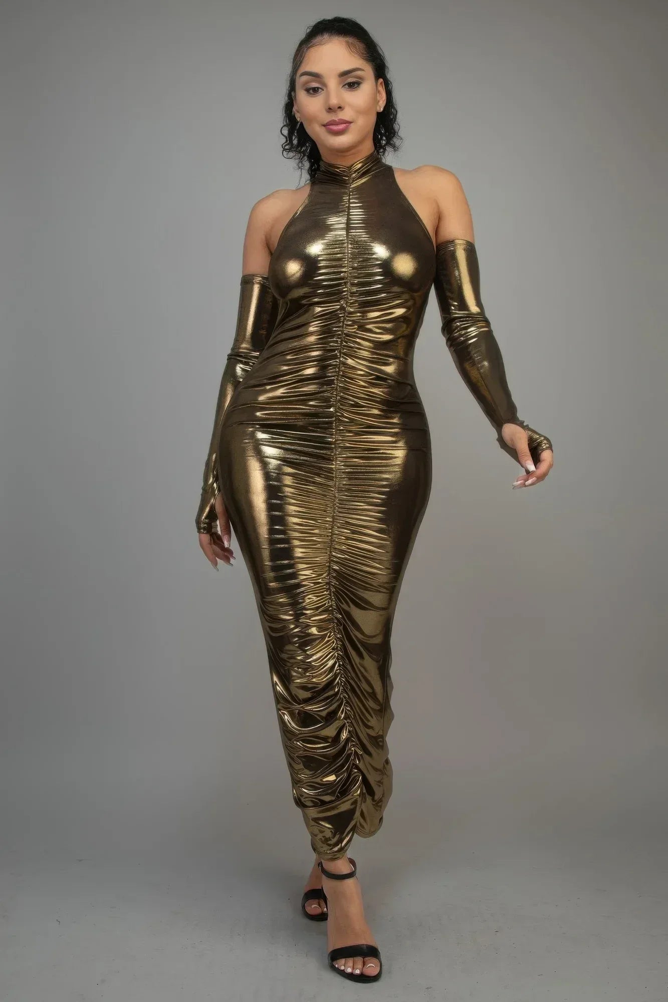 Metallic Ruched Dress With Sleeves | Mixtshop LLC