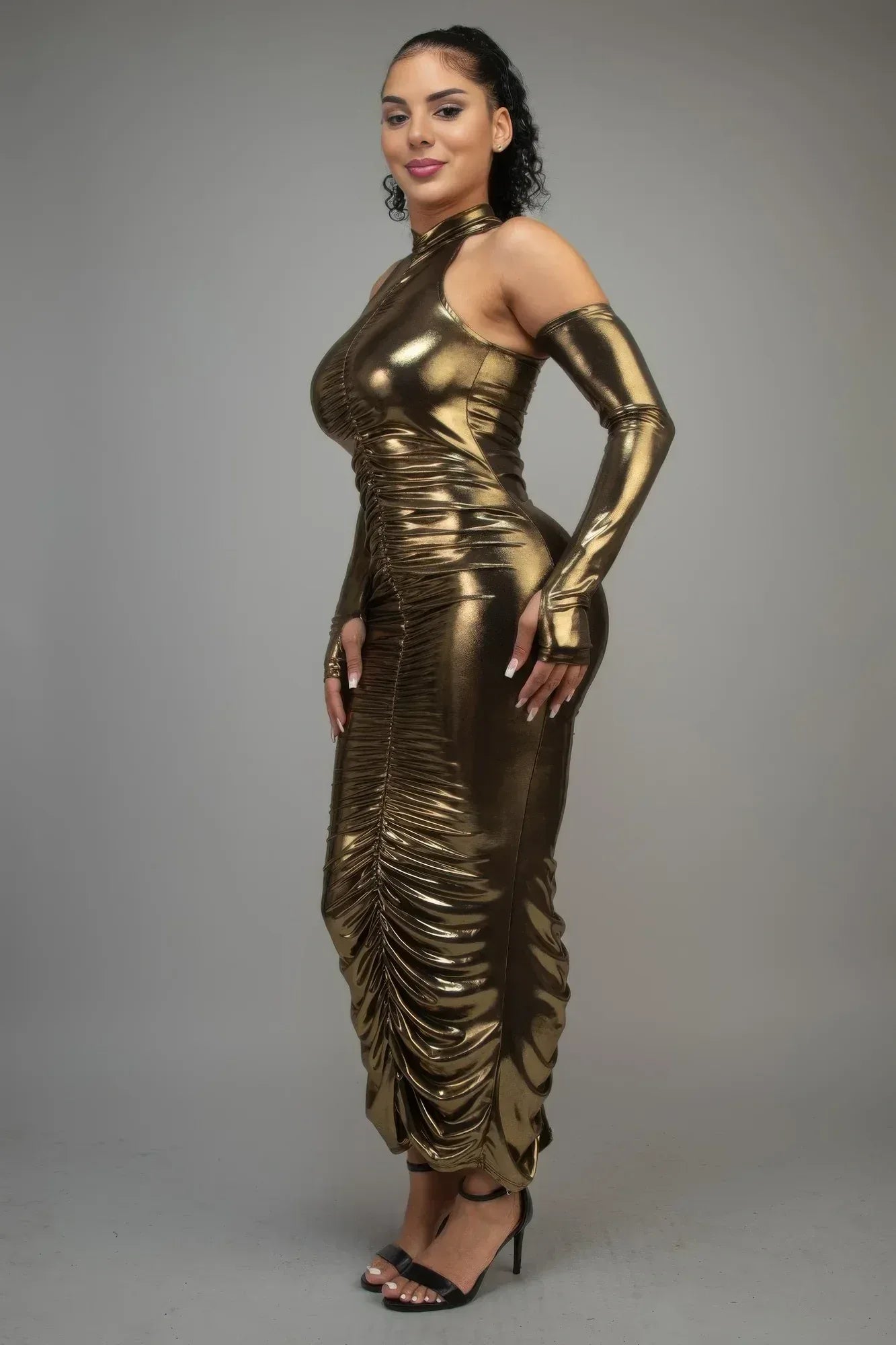 Metallic Ruched Dress With Sleeves | Mixtshop LLC