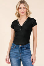 Insert Lace Snap Detail Top W/ Reverse Stitch | Mixtshop LLC