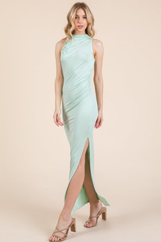Back Cut Out Side Shirring Side Slit Maxi Dress | Mixtshop LLC