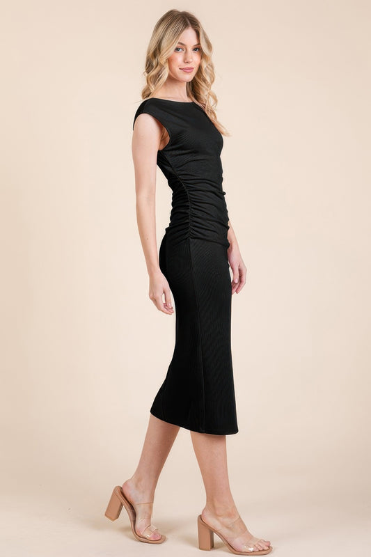 Cap Sleeve Boatneck Open Back Midi Dress | Mixtshop LLC