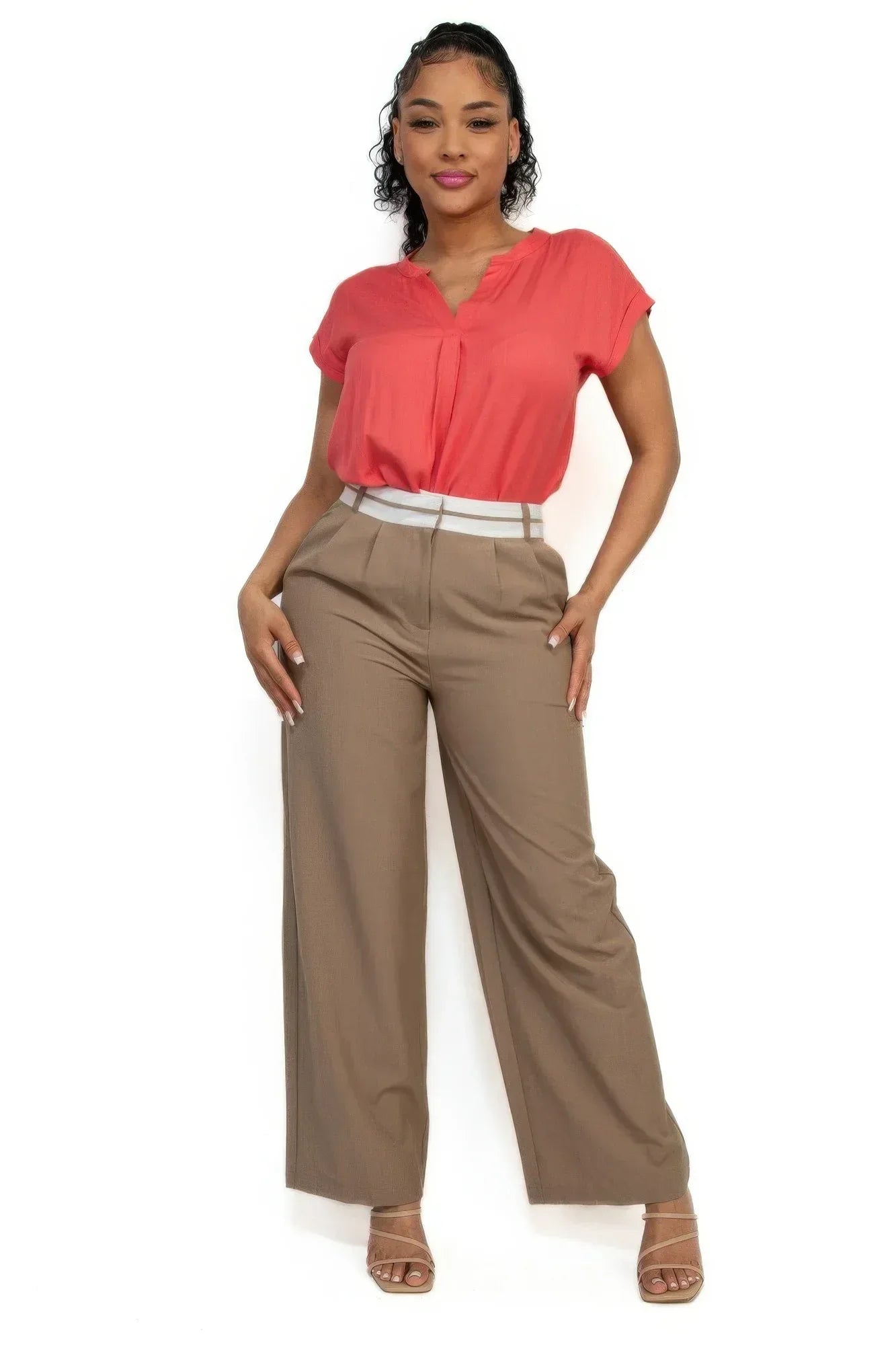 Solid V-collared Neck Top Secondary image