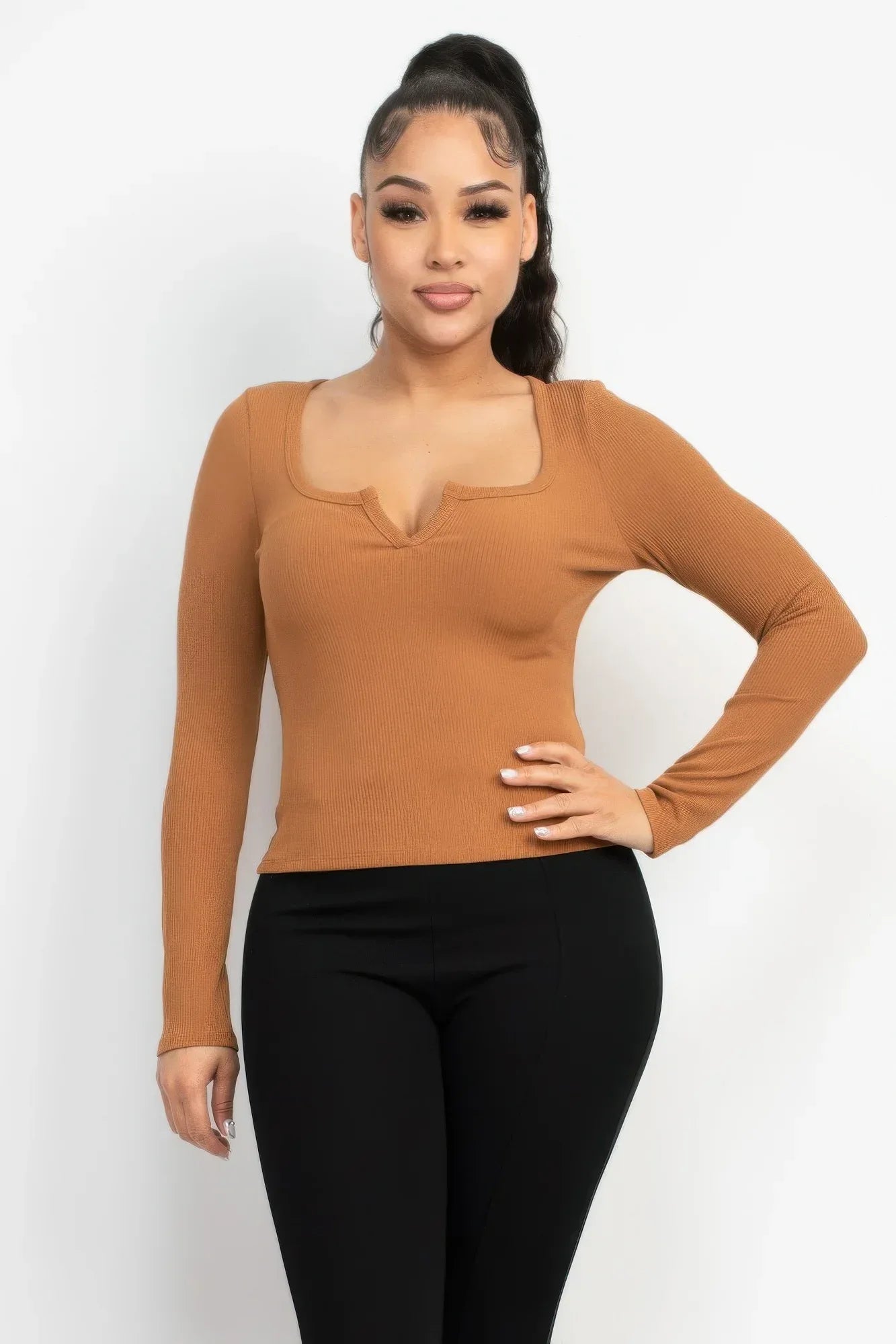 Solid V-collared Neck Top | Mixtshop LLC Main image